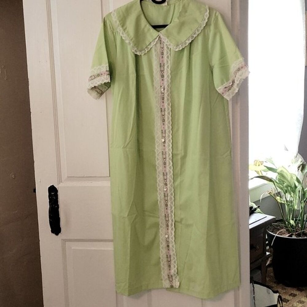 Vintage Mint Green Nightgown Night Shirt with Pink White Kelly Green Lace Detail